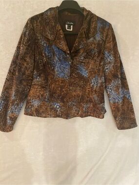 Nueva Womens Brown Patterned Zip Front Jacket Blue Accents Size 12